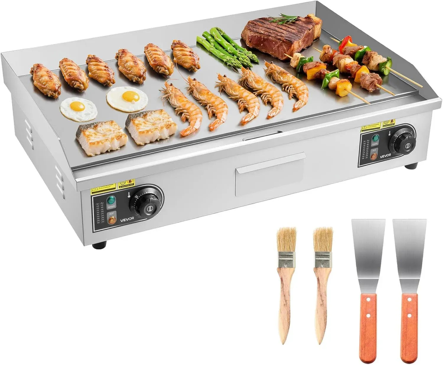 VEVOR Gril Électrique Professionnel 725x400 mm, 4400 W, Température Réglable 50-300°C, Plaque Inox, Antiprojection, Usage Intérieur/Extérieur