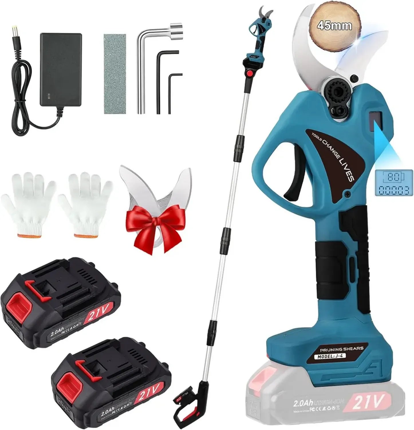 Sécateur Électrique Télescopique Sans Fil 45mm avec 2 Batteries 21V/2000mAh, Lame SK7 pour Vigne, Oliviers et Haies
