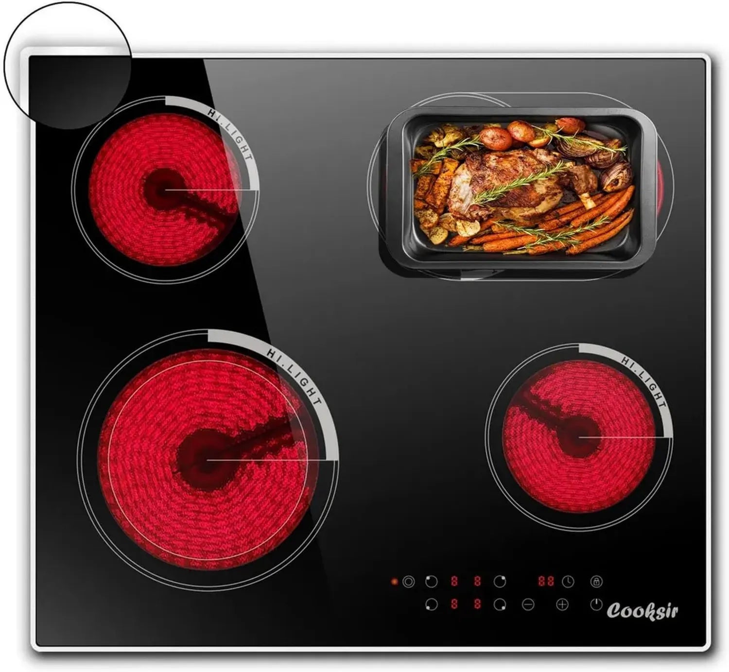 Plaque de Cuisson Vitrocéramique 4 Feux 60cm, Encastrable, Double Feux Ovale, 6700W, Bord Inox
