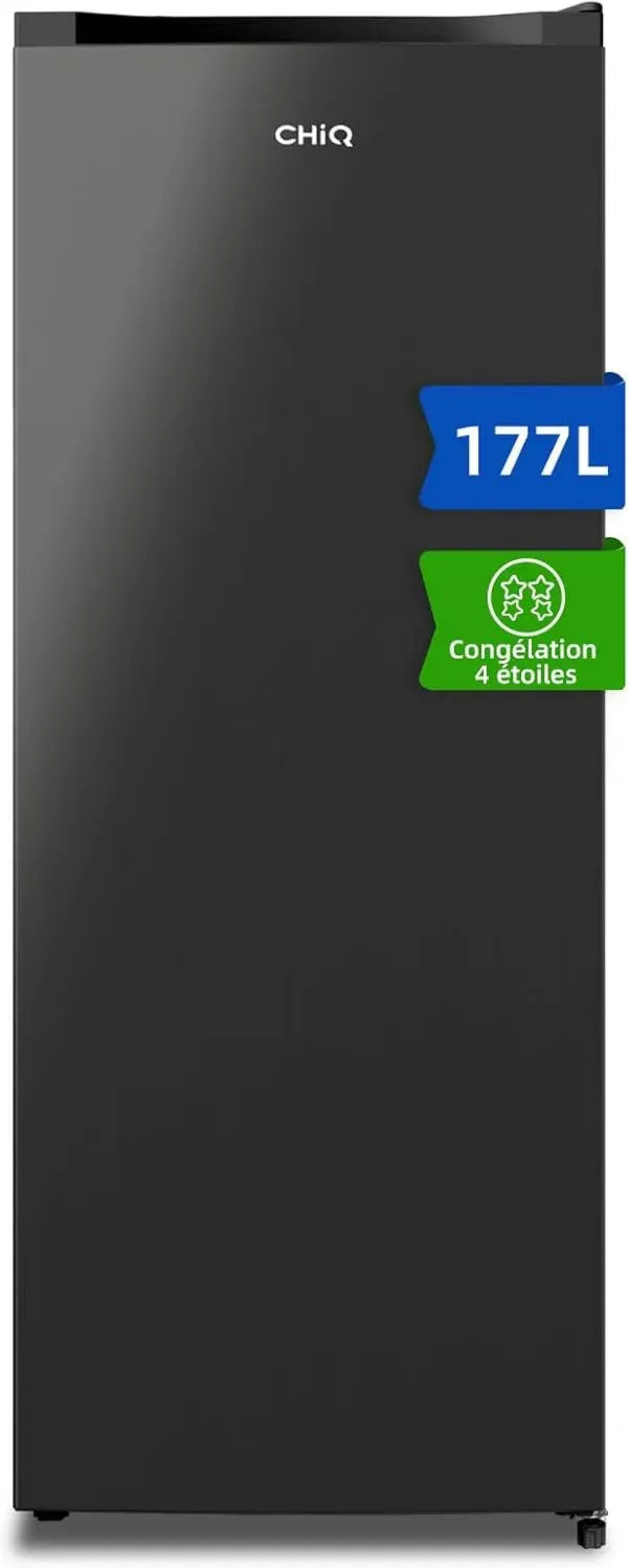 CHiQ Congélateur Vertical 177L, 4 Étoiles, Silencieux 39 dB, Acier Noir, Pieds Réglables, Porte Réversible