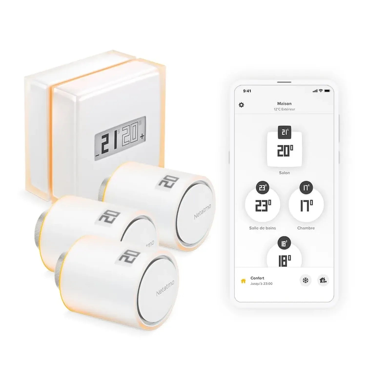 Kit Chauffage Connecté Netatmo: Thermostat Intelligent + 3 Vannes WiFi, Commande à Distance, Compatible Chauffage Individuel