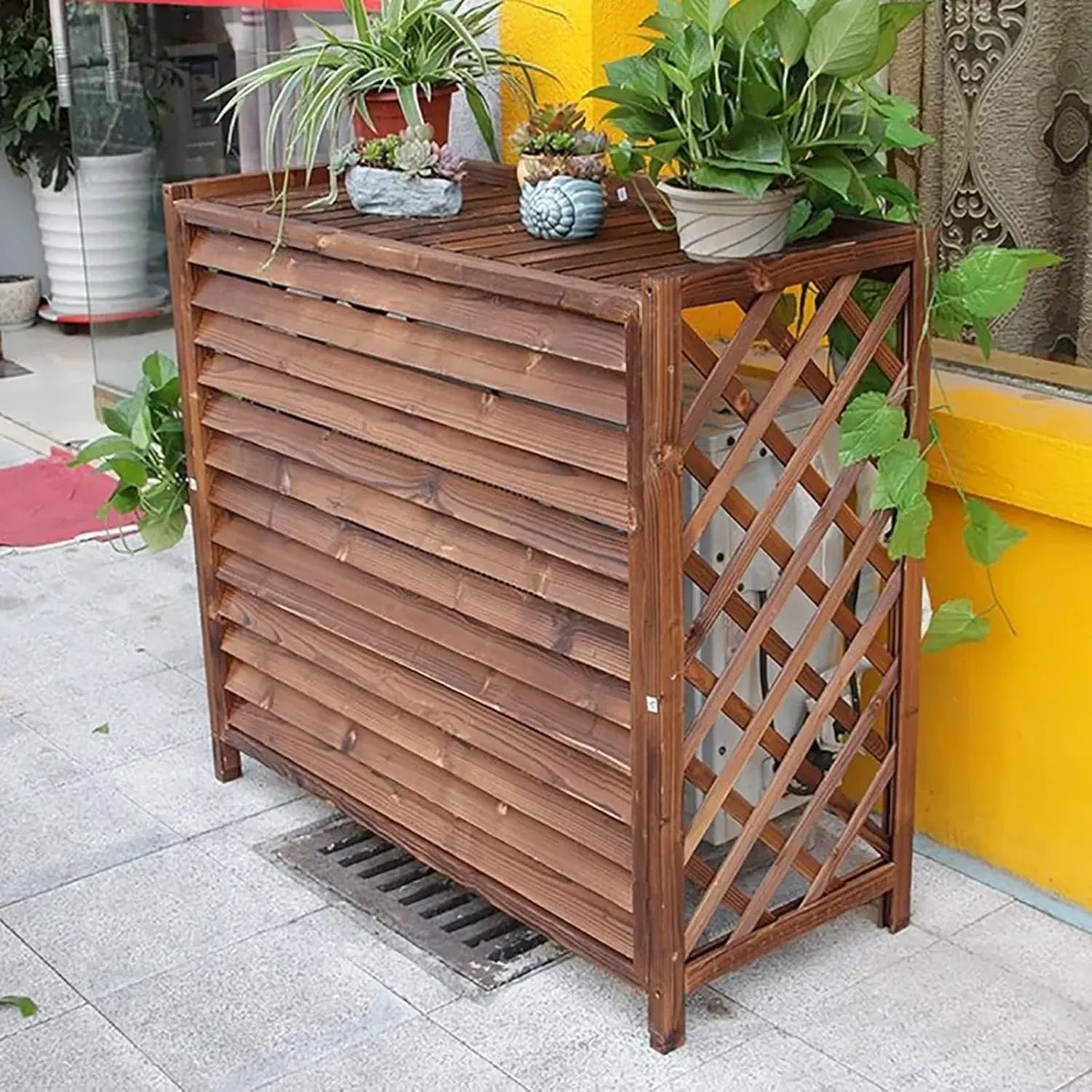 Écran de Confidentialité pour Climatiseur Extérieur en Bois, Support à Fleurs, Installation Facile, Protection Robuste (110 x 50 x 145 cm)
