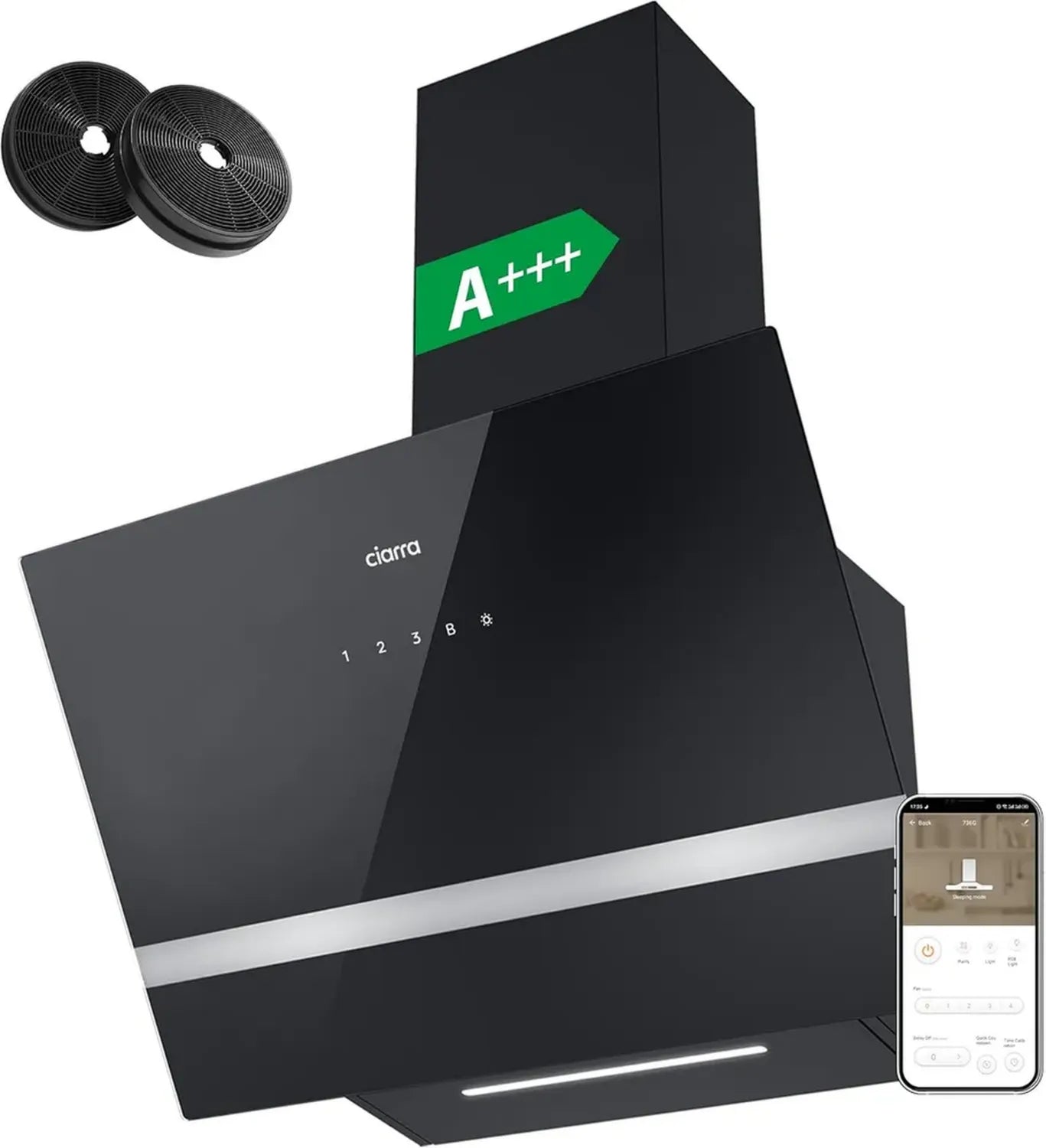 Hotte Aspirante Inclinée Ciarra 60 cm - Classe A+++ - 650m³/h - Filtre à Charbon, Wifi, Commande Tactile - 4 Vitesses Boost - Éclairage LED Réglable - Noir