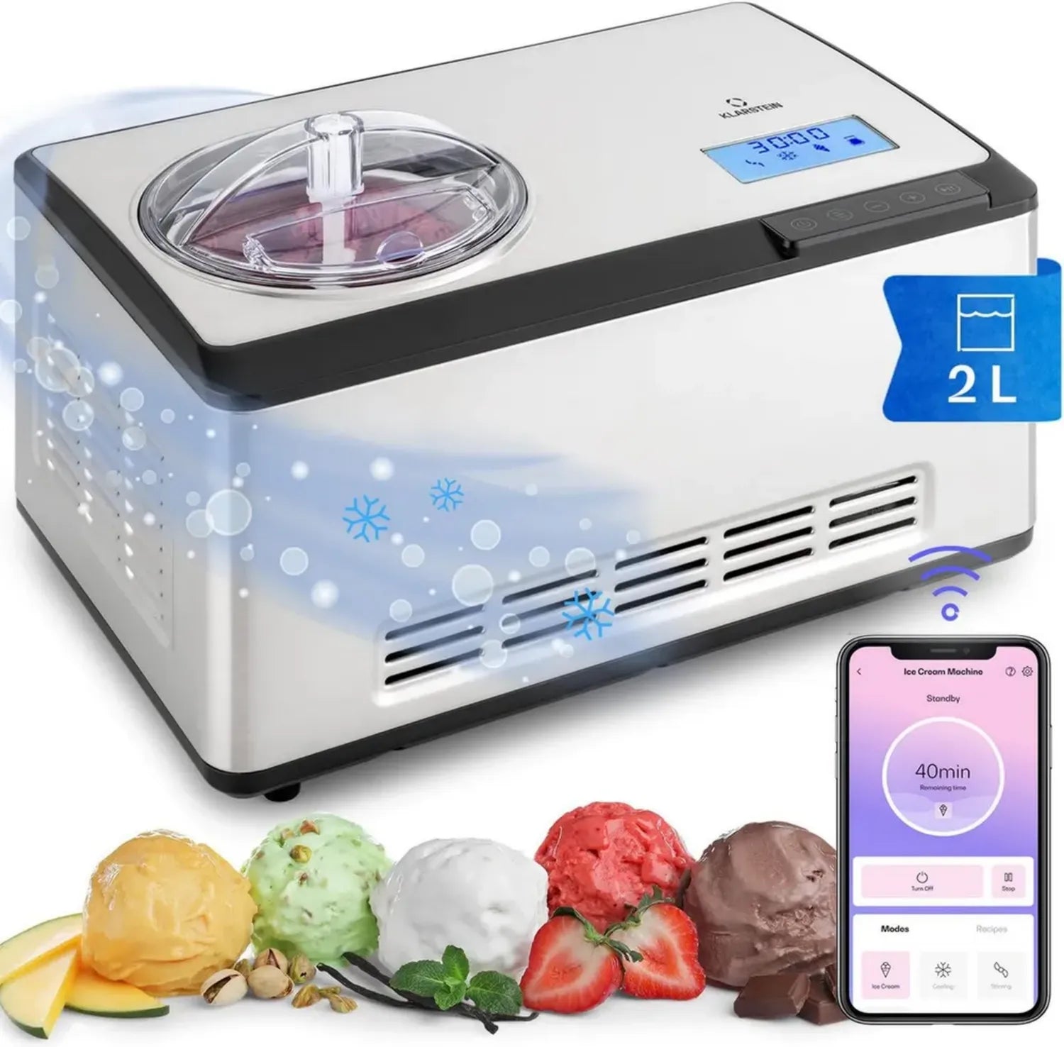 Klarstein Sorbetière 180W avec WiFi, Glace et Yaourt Glacé, Refroidissement Compresseur