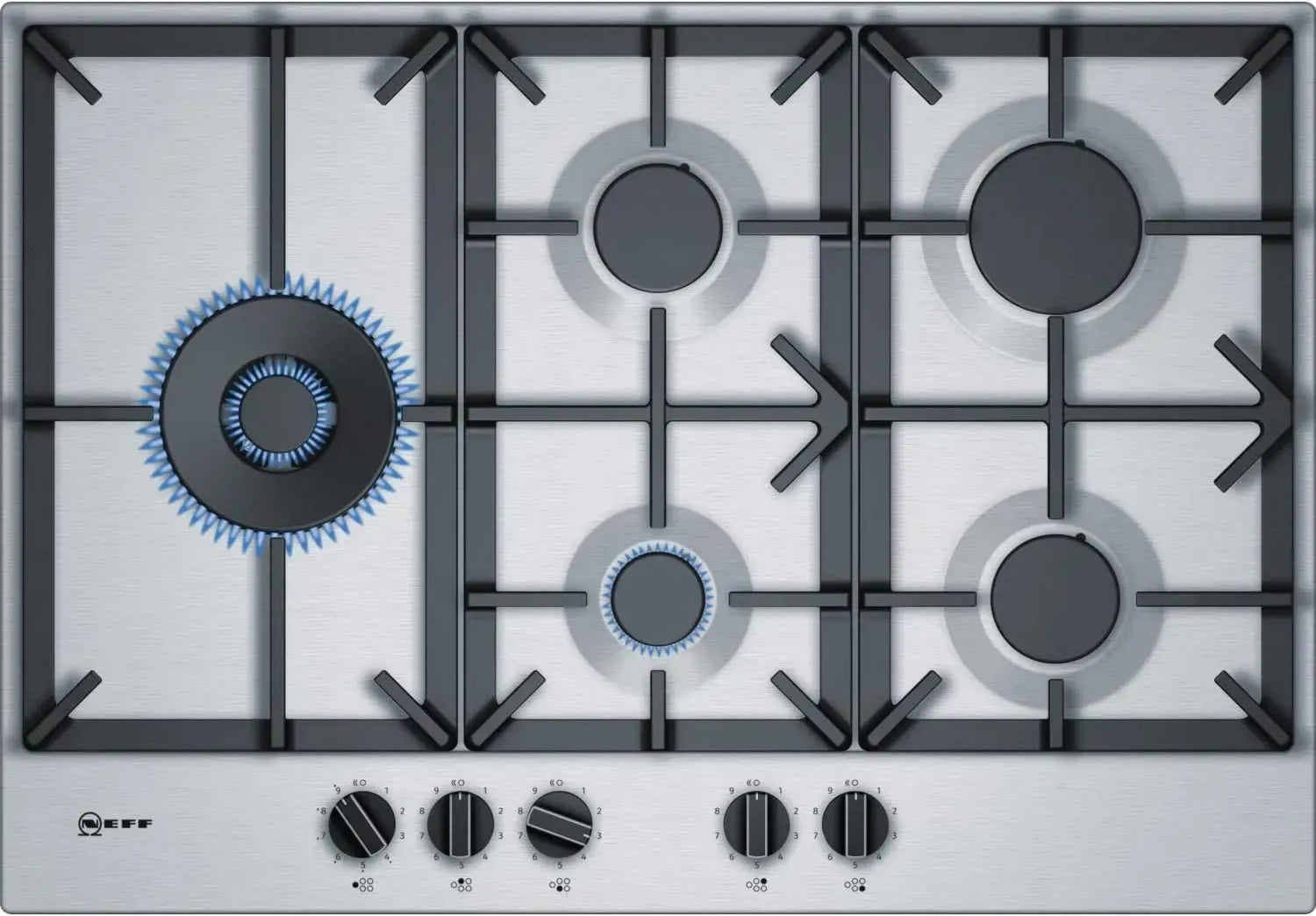 Plaque de Cuisson à Gaz Indépendante Neff N 70, 75 cm, Brûleur Wok, Sélection de Flamme, Bouton de Commande, Inox