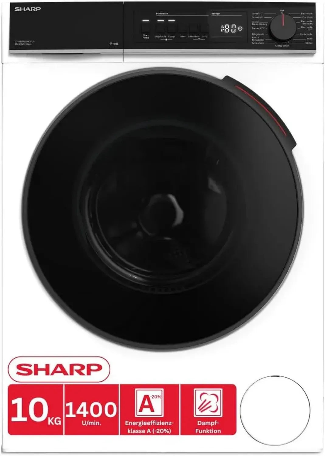 Lave-linge Sharp 10kg, Éco A, 1400 tr/min, Vapeur, WiFi, Rapide, AquaStop, DoubleJet, Blanc