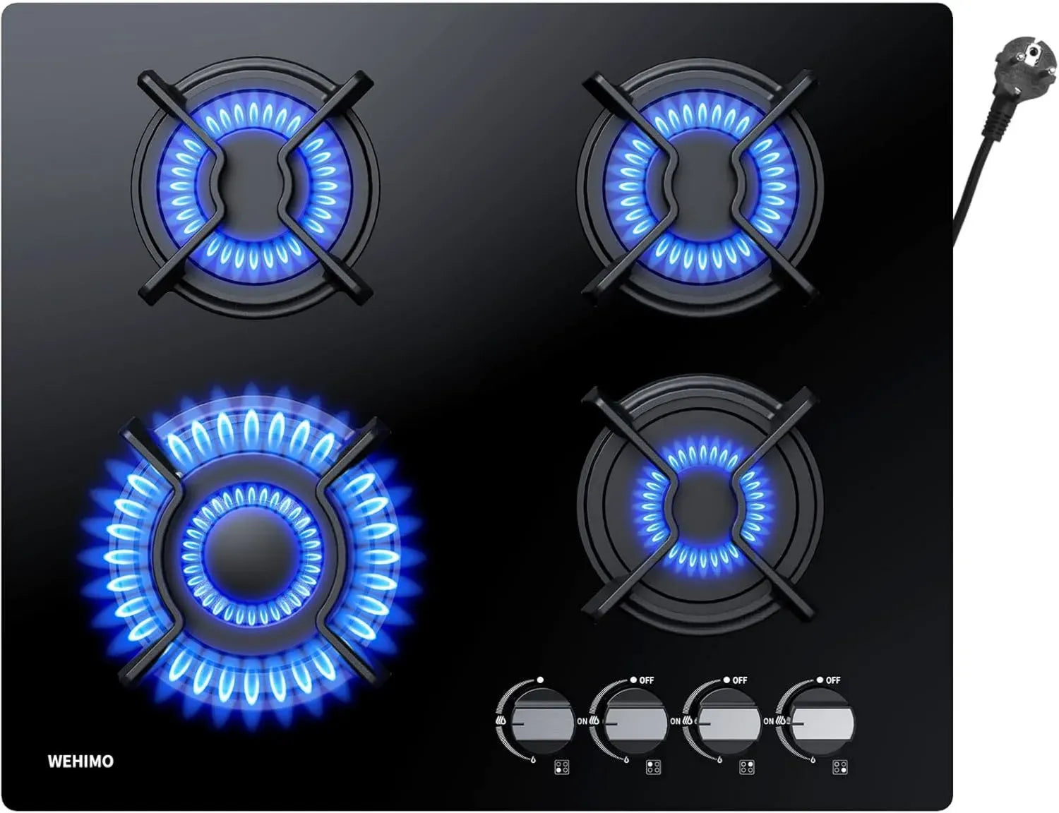 Table de Cuisson au Gaz 4 Feux, 60 cm, Grilles en Fonte, 7800W, Compatible Gaz de Ville et Bouteille, Finition Verre Noir