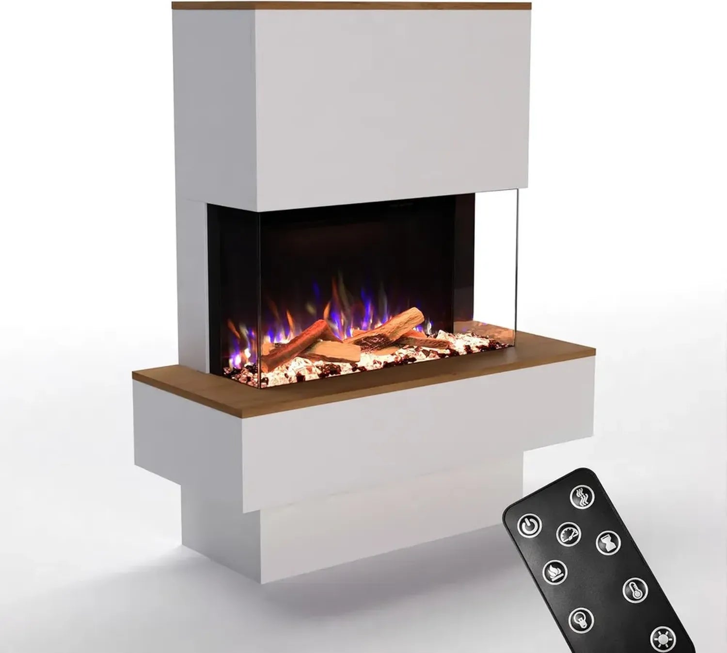 Cheminée Électrique sur Pied GLOW FIRE PR18 avec Feu LED 3D Réaliste, Chauffage, Effet Crépitant, Minuterie, 1500W, Blanc/Chêne