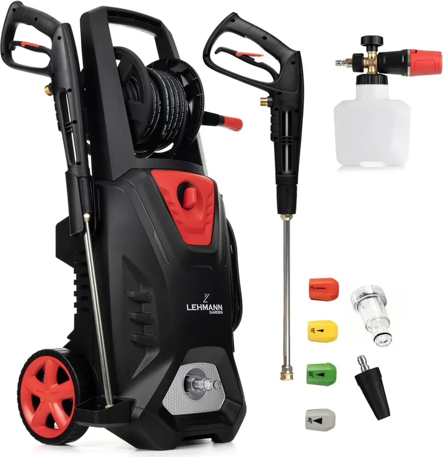 LEHMANN Colorado Nettoyeur Haute Pression 3000W, 260 Bar, Débit 492l/h, 17m, Mousse, 4 Buses, Turbo, Noir/Rouge