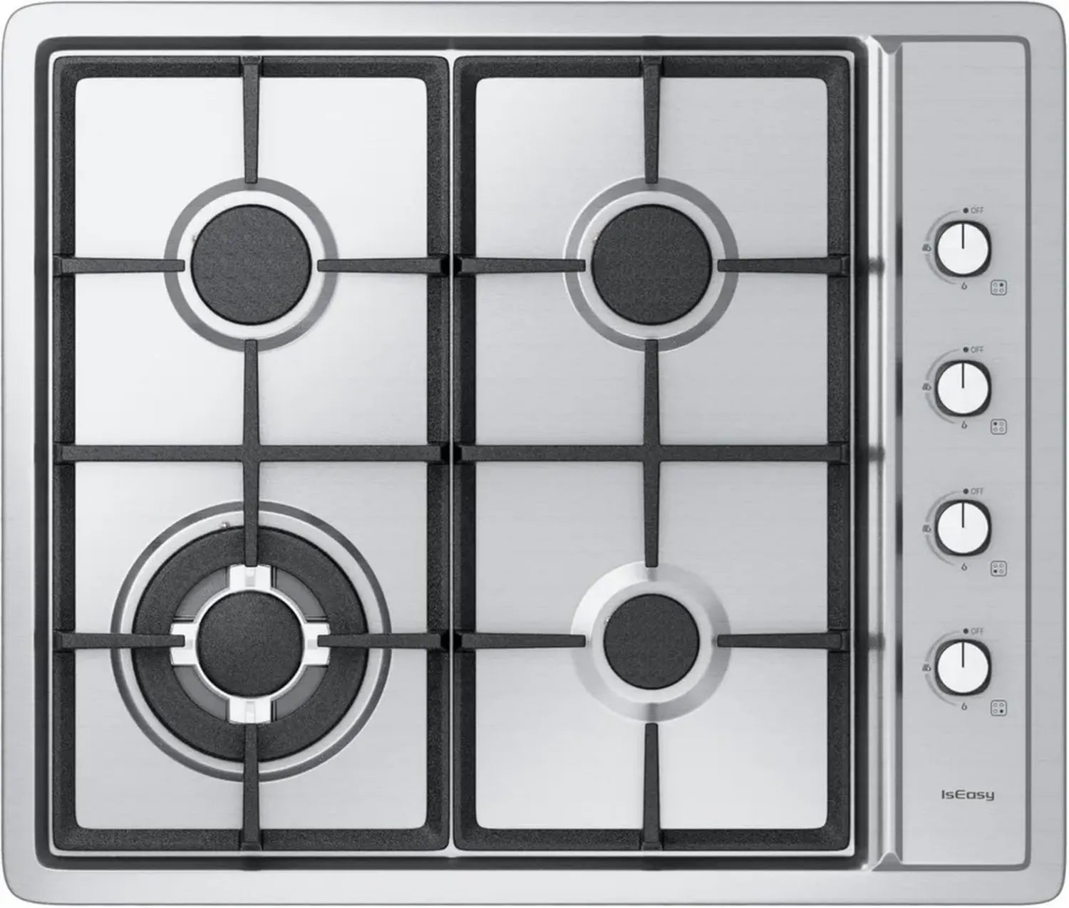 Table de Cuisson à Gaz 4 Brûleurs Inox, 60 cm Encastrable, 7,8 kW, Compatible Gaz Naturel et Butane, Sécurité Thermocouple, Grilles en Fonte