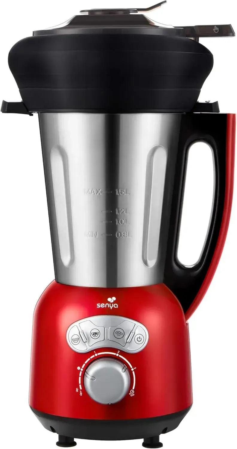 Mixeur Chauffant Senya Inox Rouge 1400W, Soupe & Smoothie, 1,5L avec Panier Vapeur Silicone 2L