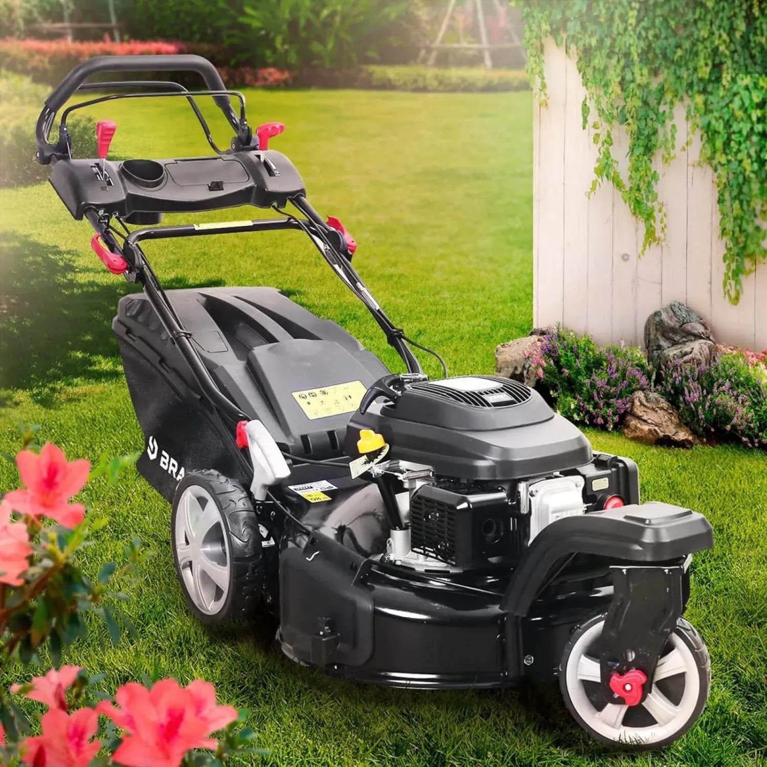 Tondeuse à gazon thermique BRAST 3 roues 224cc 53cm autoportée, vitesse réglable, mulching 4-en-1, bac 60L
