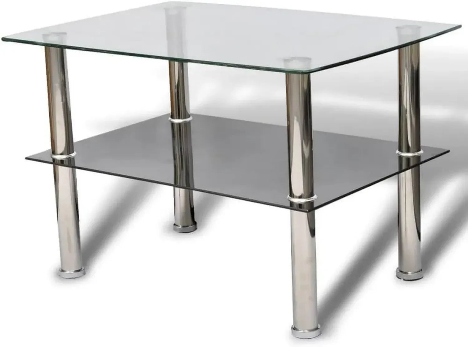 Table basse moderne en verre trempé et acier inoxydable avec rangement intégré