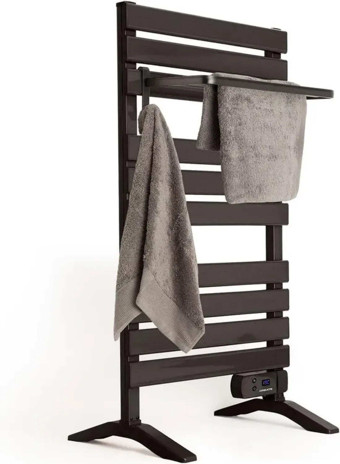 Sèche-serviettes électrique noir 500W avec pieds et étagère, écran LCD, minuterie, faible consommation