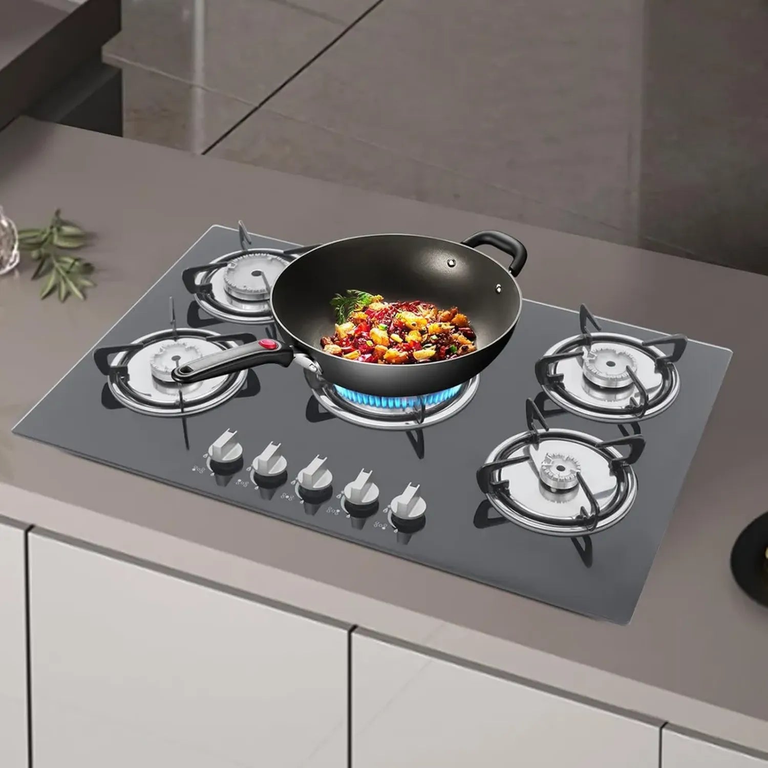 Table de cuisson à gaz en verre, 5 foyers, encastrable, sécurité flammes, économie d'énergie, réglage facile