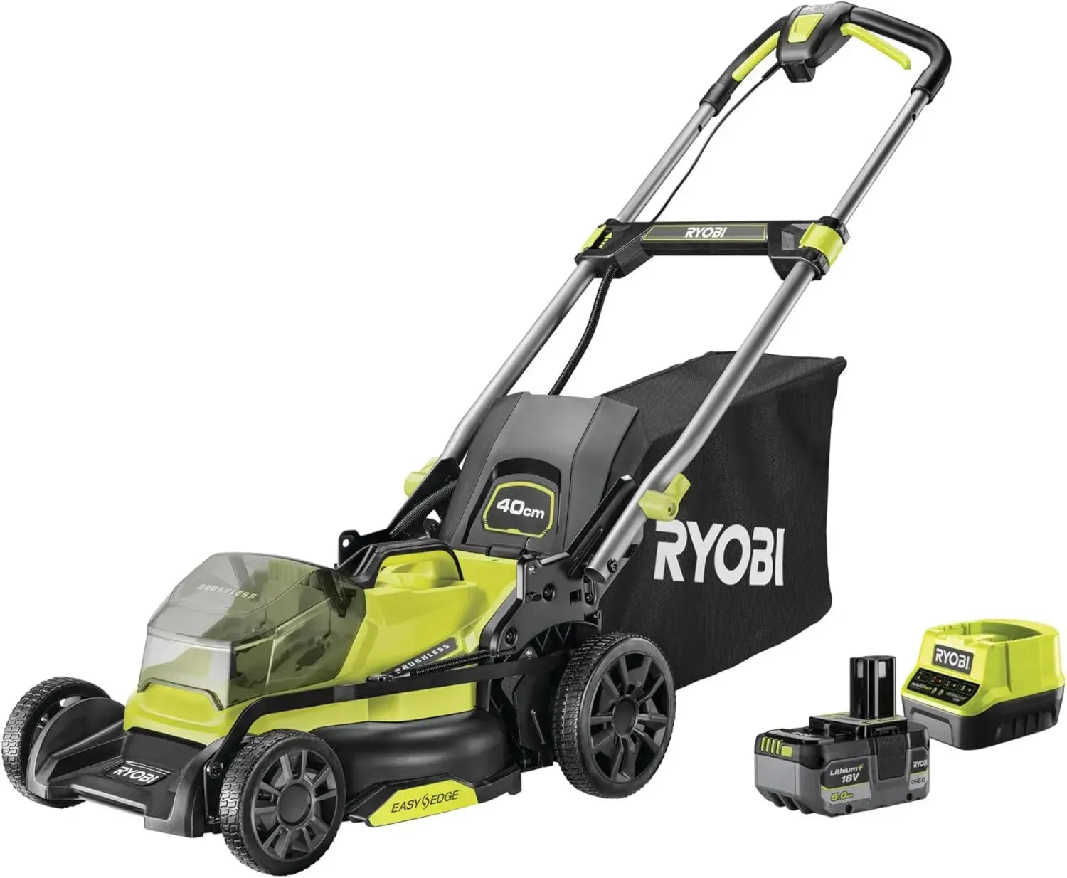 RYOBI Tondeuse à Gazon 18V One+ Sans Balais 40 cm - Jusqu'à 600 m² - Inclut 2 Batteries 4Ah, 1 Batterie 5Ah & Chargeur