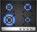 Plaque de cuisson à gaz en verre noir 60 cm, 4 brûleurs avec wok, compatible butane et gaz naturel