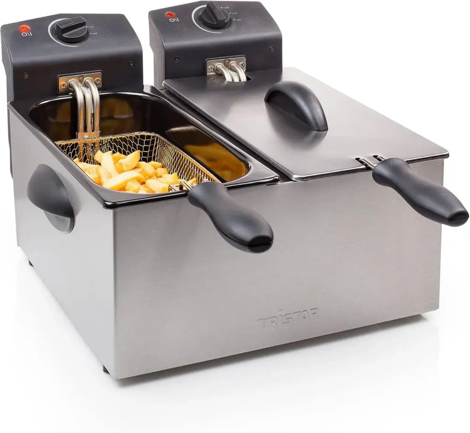 Friteuse Double Cuve Tristar FR-6937, 2 x 3L - Capacités 1,2 kg - Thermostats Indépendants - Zone Froide en Acier Inox